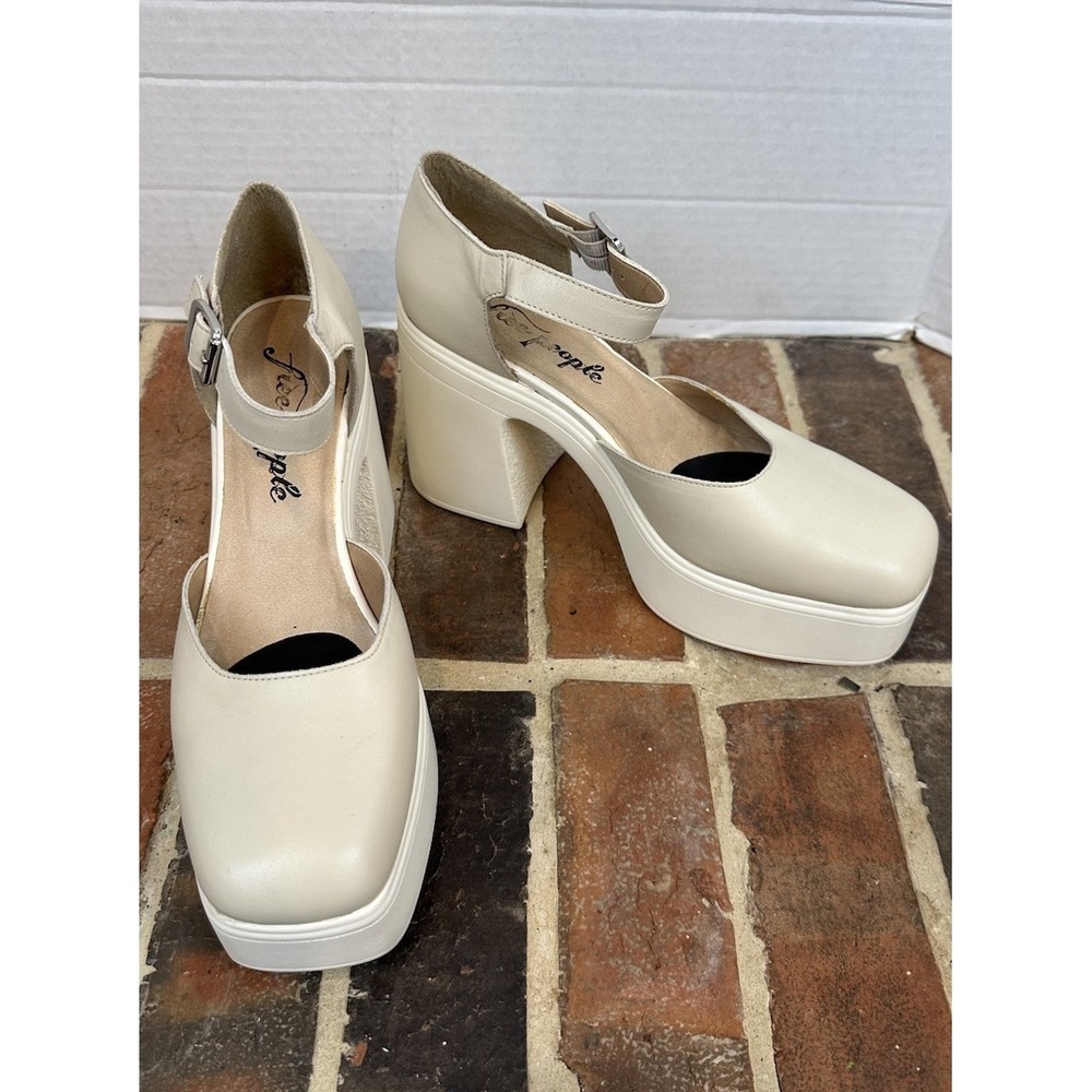 Free People Leather Heels Chunky Platform Mary Jane Off White Taupe Women's 9.5